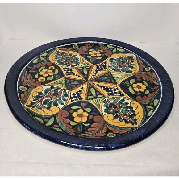 Vintage Mexican Folk Art Pottery Hand Painted Wall Hanging Plate 18.5" Round - Picture 1 of 7